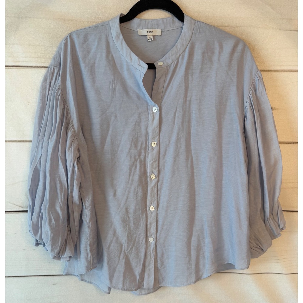 Fate Womens Light Blue Balloon Sleeve Button Down Blouse Mandarin Collar Small